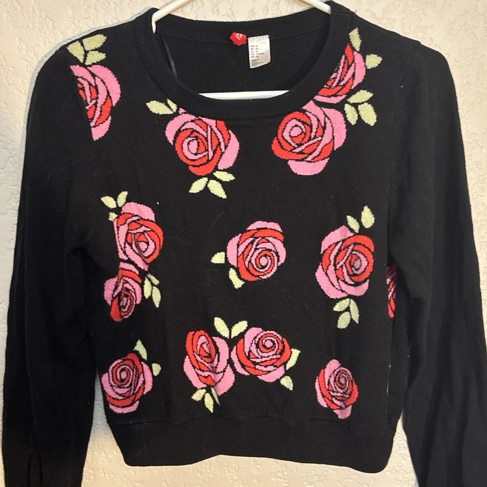 Black Sweater with Pink and Red Rose Pattern